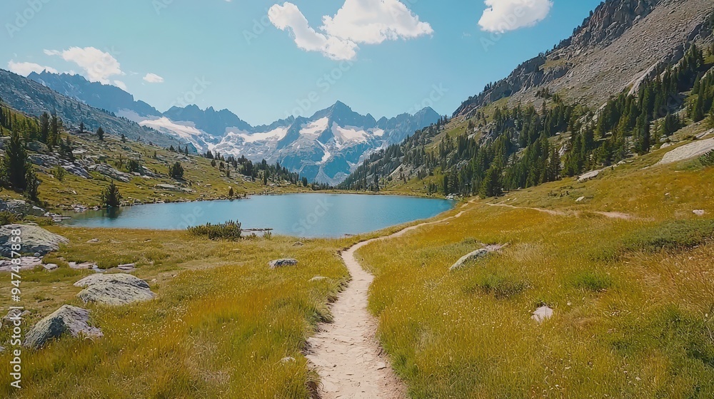 Mountain Lake Trail with Majestic Peaks and Clear Sky Mountain Lake Trail with Majestic Peaks and Clear Sky