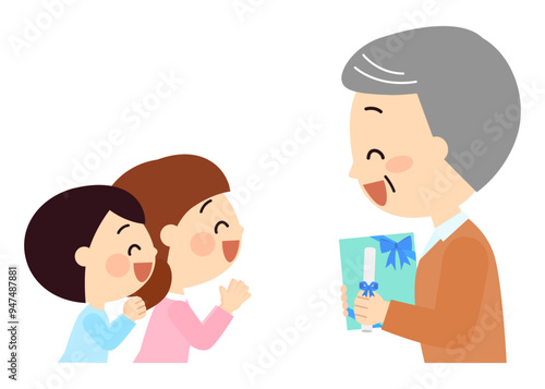 子供達から贈り物をもらい嬉しいおじいさん