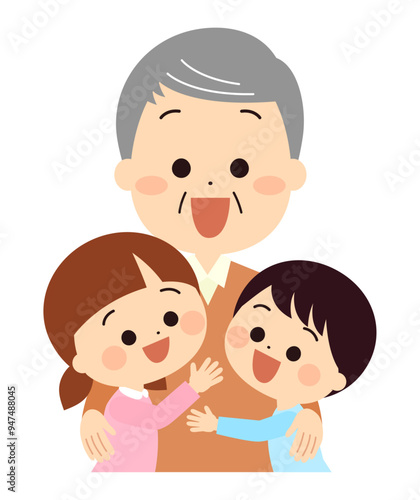おじいさんに抱きつく子供達