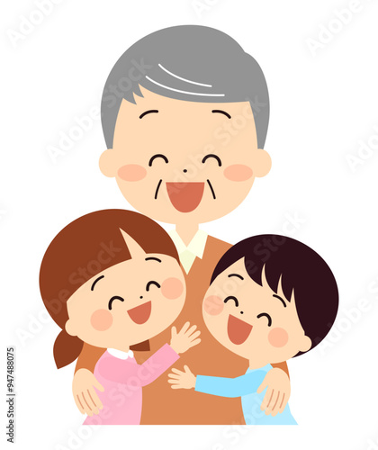 おじいさんに抱きつく子供達