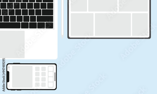Modern Technology device on working place, workspace with elements on desk top view.