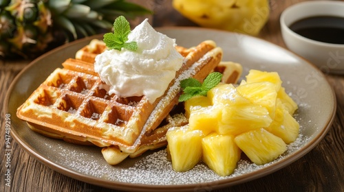 Belgium waffles with pineapple and ice ream on a plate