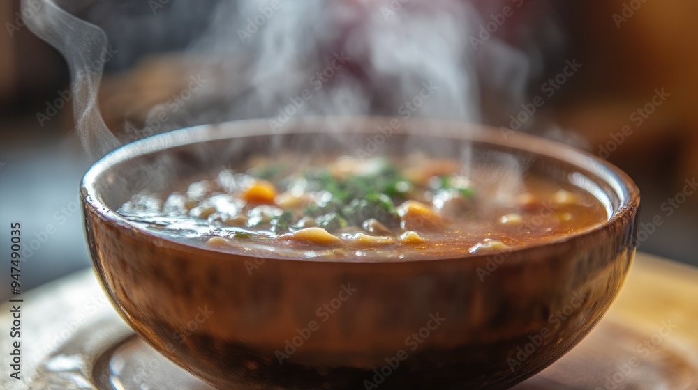 Steaming Bowl of Soup on Wooden Platter Steaming Bowl of Soup on Wooden Platter