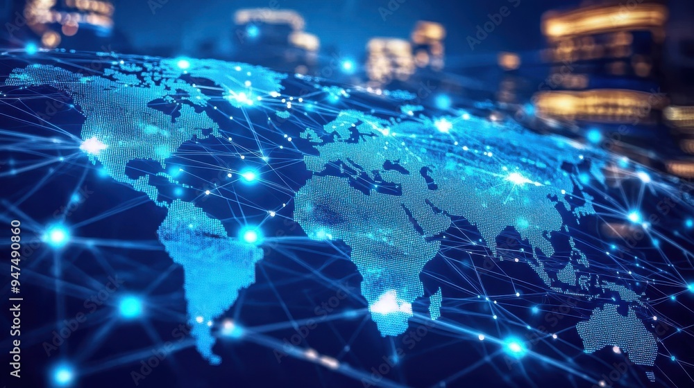A digital representation of a world map connected by a glowing network, set against a blurred cityscape at night. A digital representation of a world map connected by a glowing network, set against a blurred cityscape at night.