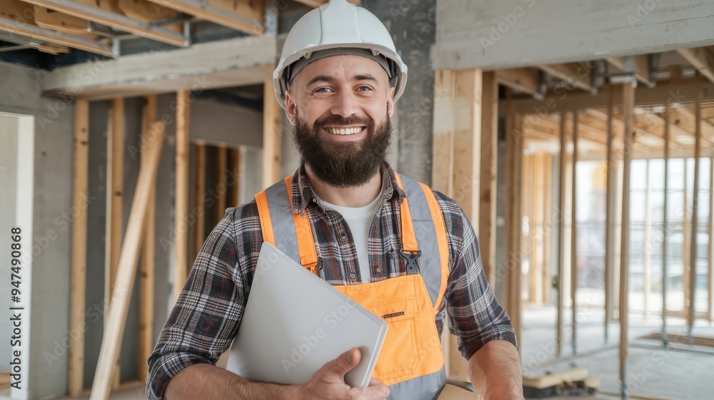 portrait of a smiling male builder in a hard hat with a white folder in his hands against the background of a construction site. Construction engineer.
portrait of a smiling male builder in a hard hat with a white folder in his hands against the background of a construction site. Construction engineer.