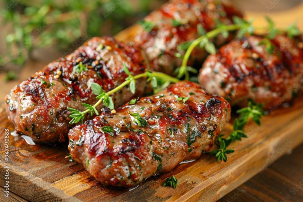 Grilled meat served with fresh thyme on wooden tray. Grilled meat served with fresh thyme on wooden tray.
