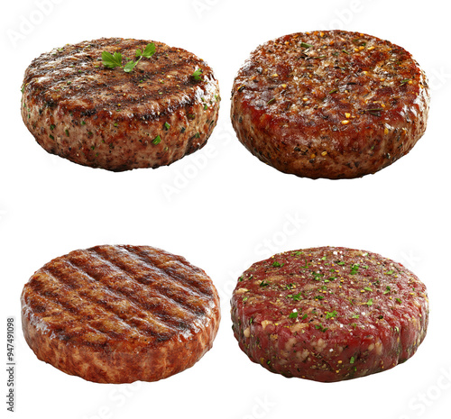 Grilled beef patties with herbs and seasoning isolated on transparent background photo