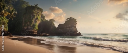 Tranquil Beach Scene with Lush Green Cliffs and Rolling Waves at Sunrise