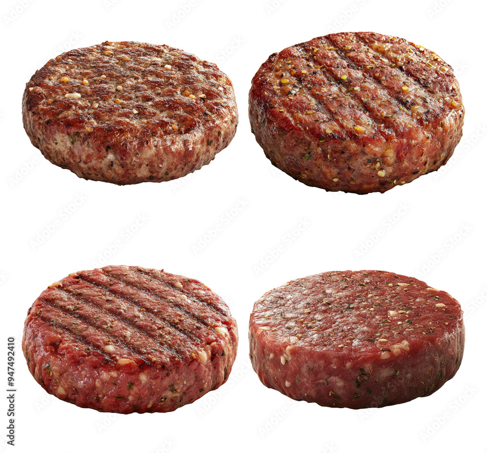 Grilled and raw beef patties with seasoning isolated on transparent background Grilled and raw beef patties with seasoning isolated on transparent background