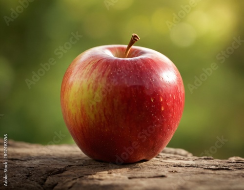  A vibrant red apple with subtle yellow streaks, resting on rustic wood against a blurred green background, bathed in natural sunlight. Ai generated images