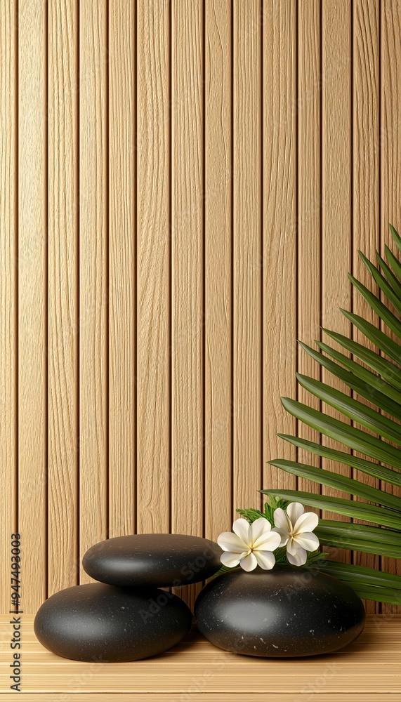 Obraz premium Woman in wooden spa, hot stones and flower arrangement, 3D illustration
