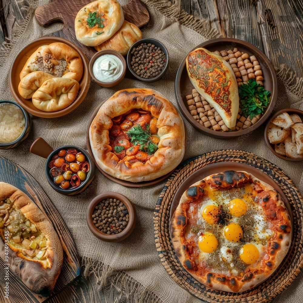 Georgian Food, Adjarian Khachapuri Dishes Set, Kutabs, Chebureks on Rustic Tablecloth Burlap Background Georgian Food, Adjarian Khachapuri Dishes Set, Kutabs, Chebureks on Rustic Tablecloth Burlap Background