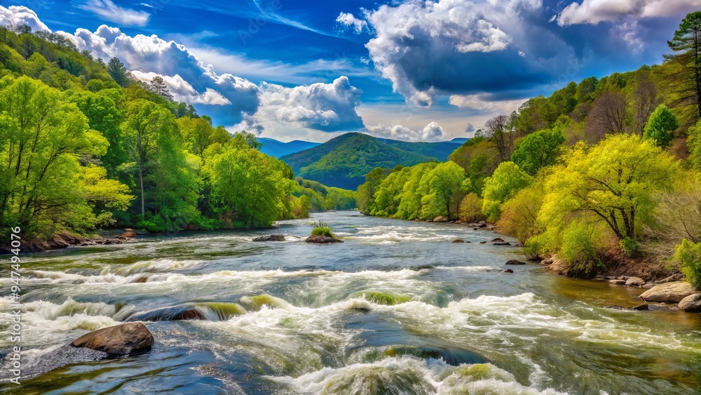 Vibrant green forests surround the French Broad River, their reflection rippling on the water as spring showers revitalize the natural world. Vibrant green forests surround the French Broad River, their reflection rippling on the water as spring showers revitalize the natural world.