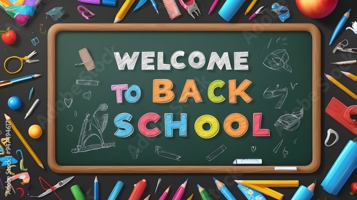 Welcome Back to School Title Written in a Chalk Board with Realistic 3D Items Like Pencil and Scissor.  photo