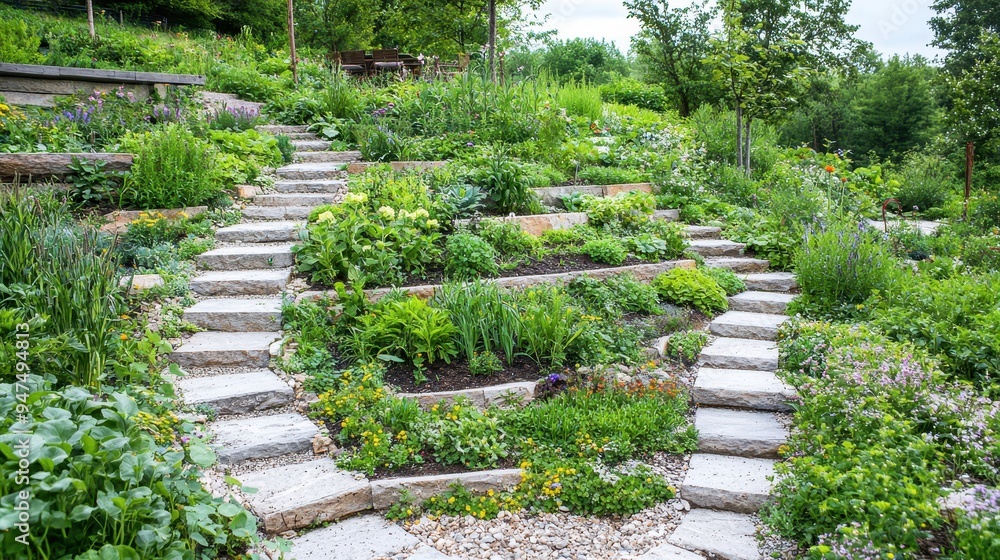 Stone Steps Leading Through Lush Garden Path with Flowers and Trees Stone Steps Leading Through Lush Garden Path with Flowers and Trees