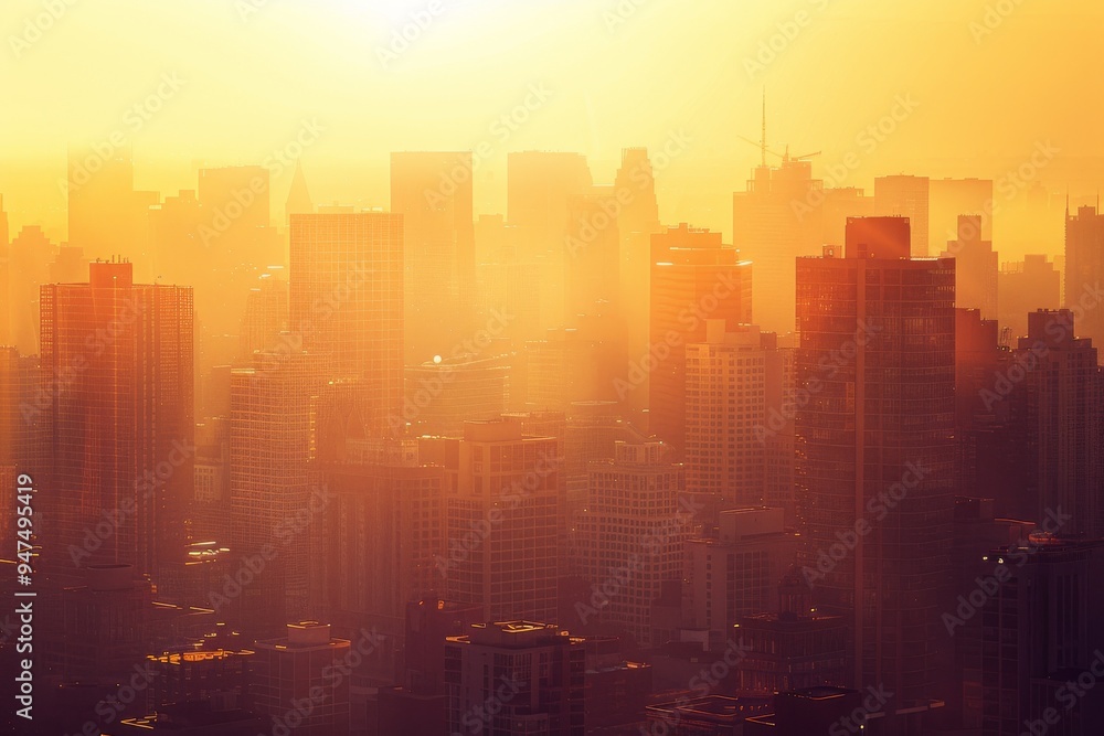 Obraz premium City Downtown Sunrise, Sunny Skylines in Morning, Sunset Buildings Silhouettes, Warm Color