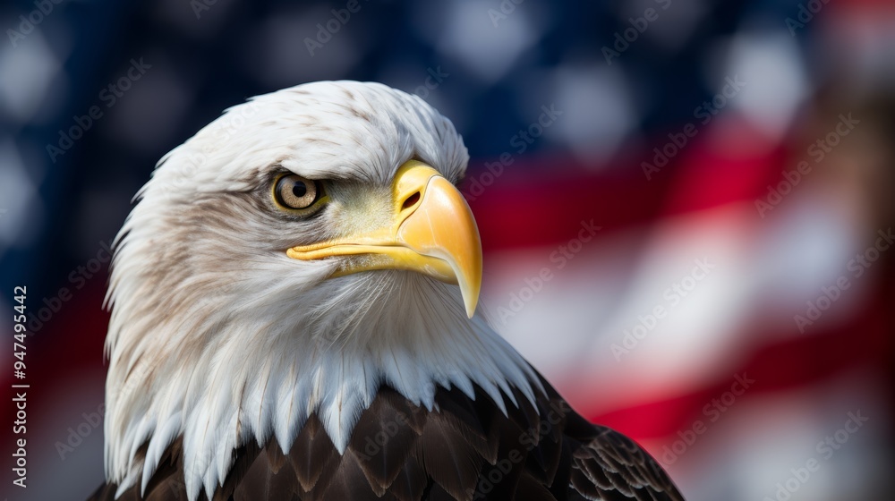 Fototapeta premium Majestic eagle displaying strength and freedom against the iconic american flag background