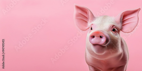 Pink pig on pink background. Banner with copy space