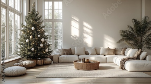 Wallpaper Mural A modern Scandinavian Christmas living room features white walls and light wooden floors. A minimalist Christmas tree decorated in white and gold is the focal point, which is enhanced by soft natural  Torontodigital.ca