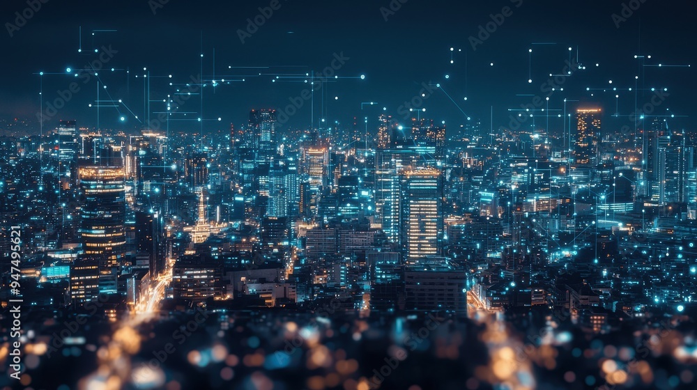 Smart City at Night with Digital Network Connections
