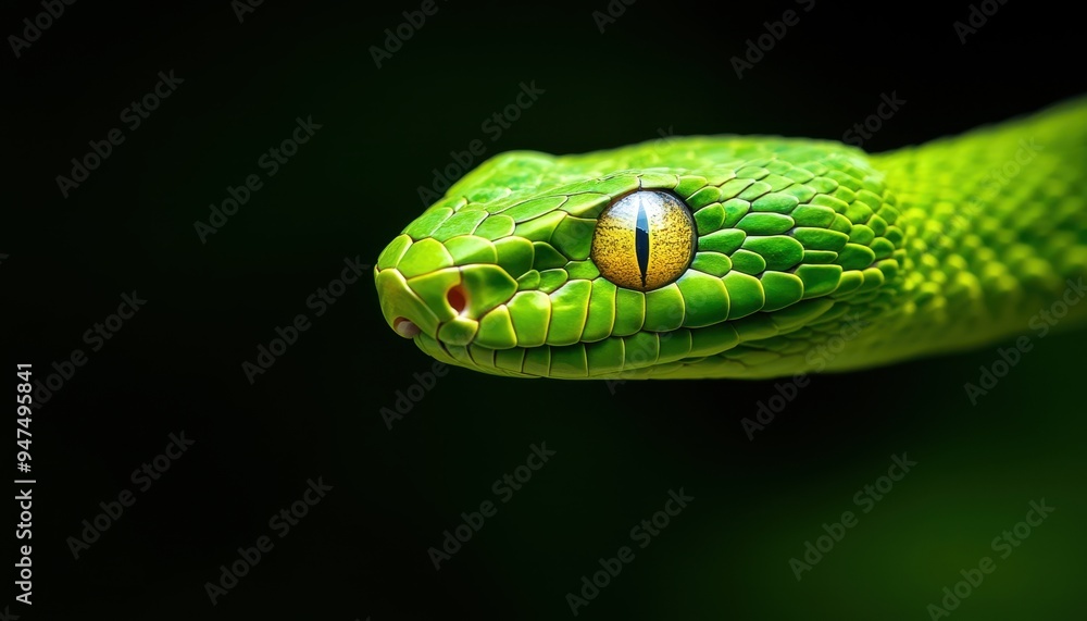 Close-up of a vibrant green snake with striking yellow eyes, showcasing intricate scales and a captivating presence in nature. Close-up of a vibrant green snake with striking yellow eyes, showcasing intricate scales and a captivating presence in nature.