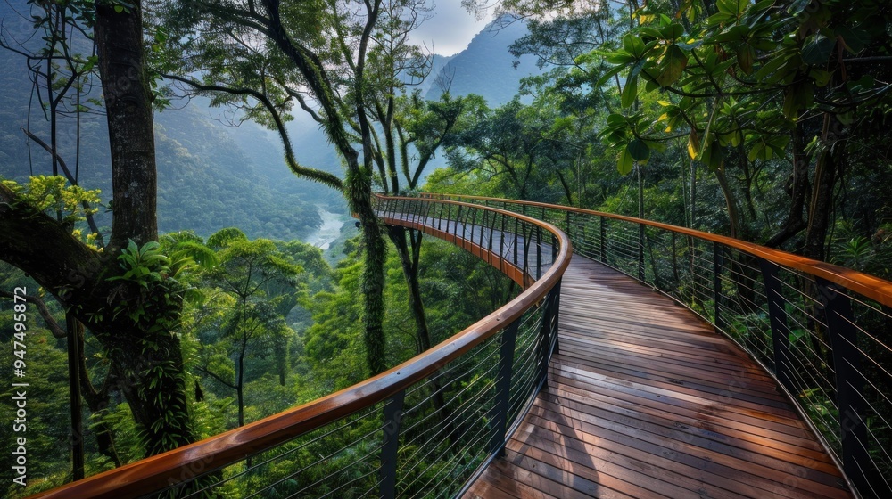 Obraz premium Wooden walkway through lush greenery
