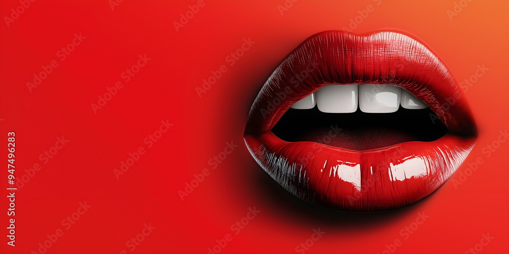 Sensual close-up of glossy red lips with white teeth on vibrant red background for beauty and cosmetics concept designs Sensual close-up of glossy red lips with white teeth on vibrant red background for beauty and cosmetics concept designs
