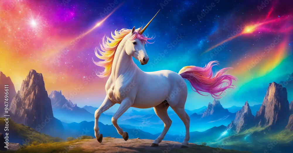 A graceful white unicorn with a rainbow mane flutters gracefully on a mountain peak, a charming silhouette against the backdrop of the starry night sky. A graceful white unicorn with a rainbow mane flutters gracefully on a mountain peak, a charming silhouette against the backdrop of the starry night sky.
