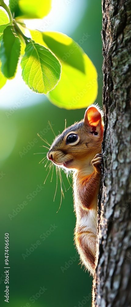 A curious squirrel peeks from behind a tree, surrounded by lush green leaves, showcasing nature's beauty and wildlife charm. A curious squirrel peeks from behind a tree, surrounded by lush green leaves, showcasing nature's beauty and wildlife charm.