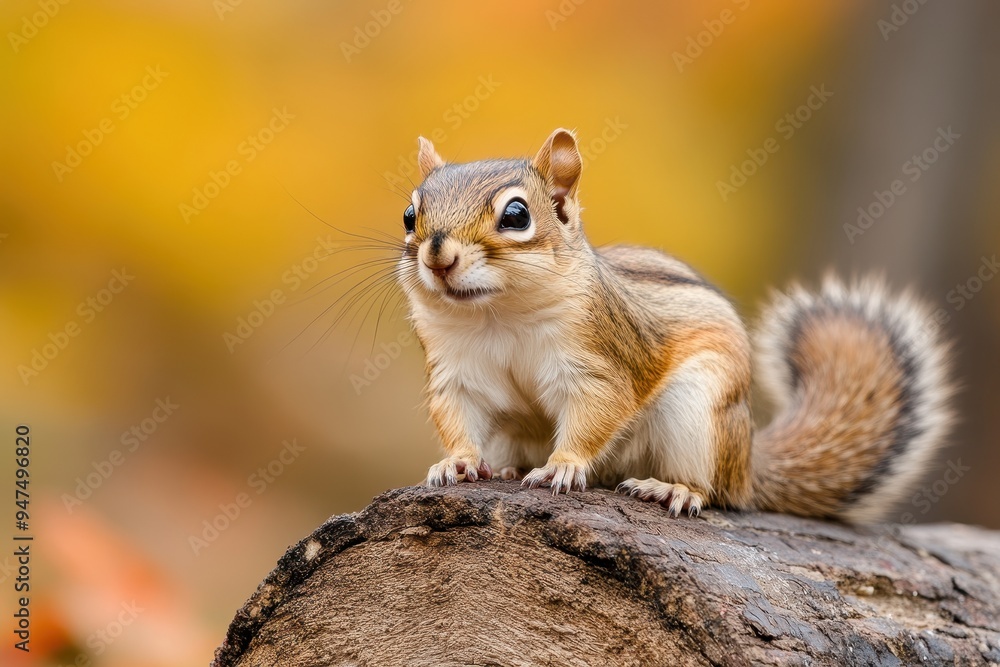A cute squirrel perched on a log, showcasing its fluffy tail against a blurred autumn background filled with warm colors. A cute squirrel perched on a log, showcasing its fluffy tail against a blurred autumn background filled with warm colors.