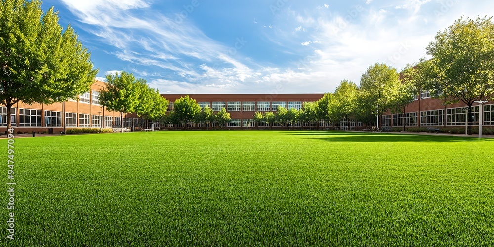 Naklejka premium Empty schoolyard, nobody. Background for school website, school grounds landscaping for events.