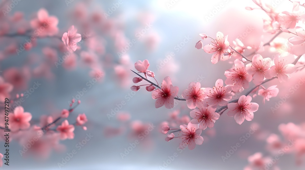 Soft Blurred Sakura Branches With Pale Pink Flowers Against White Backdrop Exuding Tranquil Mood