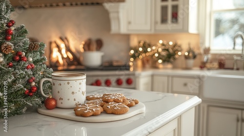 A chic Christmas kitchen features white marble counters, holiday treats, gingerbread cookies, and a cup of hot cocoa. The space is bright and airy, perfect for holiday cooking.