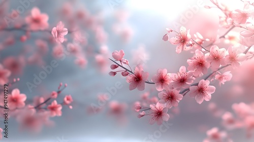 Obraz na płótnie Soft Blurred Sakura Branches With Pale Pink Flowers Against White Backdrop Exuding Tranquil Mood w salonie