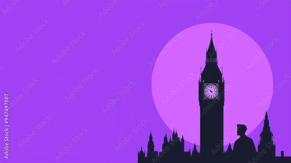 Fototapeta premium Abstract depiction of Big Ben with a purple sun, London in minimalist black and white, bold purple