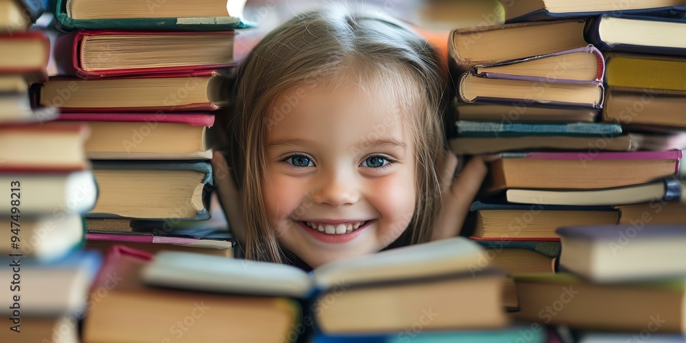 Joyful young reader among books Joyful young reader among books