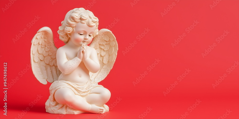Praying cherub figurine with wings on vibrant red background. Valentine's Day decorations, religious gift ideas and romantic home decor concepts. Place for text Praying cherub figurine with wings on vibrant red background. Valentine's Day decorations, religious gift ideas and romantic home decor concepts. Place for text