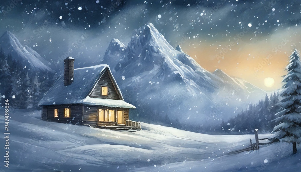 winter atmospheric landscape. in the background mountains, heavy snowfall and a lonely house with a light in the window winter atmospheric landscape. in the background mountains, heavy snowfall and a lonely house with a light in the window