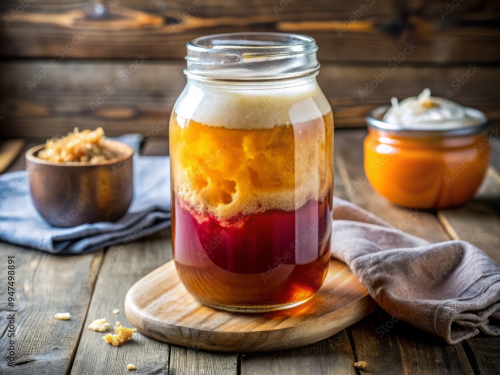 Photo image of a colorful kombucha brewing in a mason jar, with thick layers of frothy liquid and a SCOBY (Symbiotic Culture of Bacteria and Yeast) floating on top. Photo image of a colorful kombucha brewing in a mason jar, with thick layers of frothy liquid and a SCOBY (Symbiotic Culture of Bacteria and Yeast) floating on top.