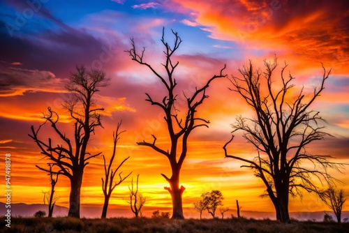 a photo image of dead trees standing as silhouettes against a vibrant orange and pink sunset sky