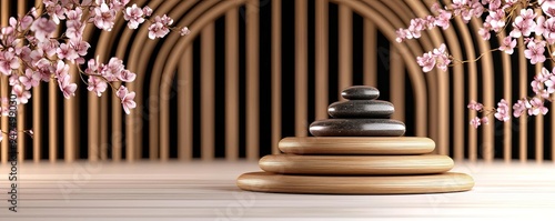 Wooden spa surroundings, hot stones aligned with flower arrangements, 3D illustration