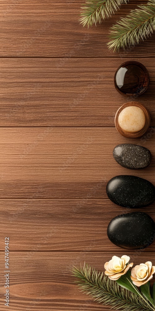 Wooden spa table, woman lying with hot stones and flowers, 3D illustration Wooden spa table, woman lying with hot stones and flowers, 3D illustration