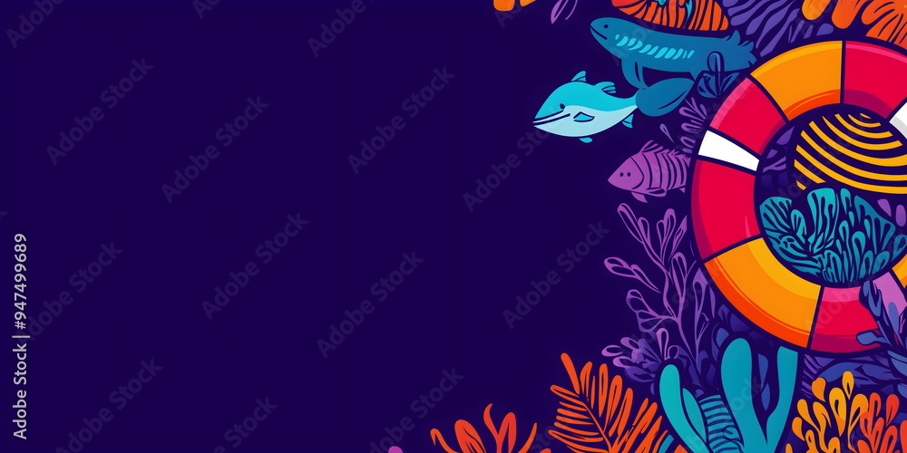 Underwater scene with tropical fish and lifebuoy on deep purple background. Marine safety awareness, aquatic adventure promotions and ocean conservation campaigns. Place for text Underwater scene with tropical fish and lifebuoy on deep purple background. Marine safety awareness, aquatic adventure promotions and ocean conservation campaigns. Place for text
