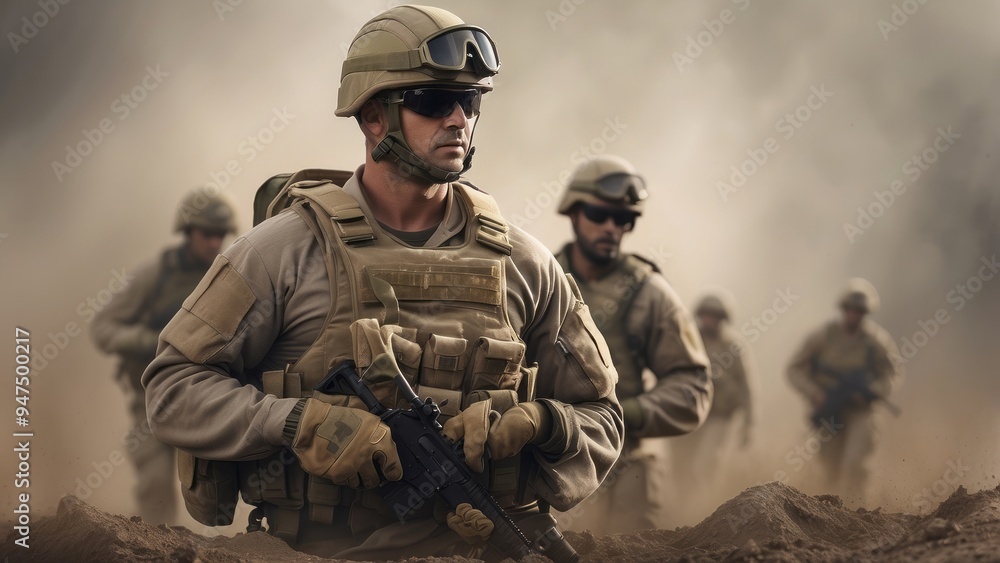Fototapeta premium Soldier in Combat Gear Holding a Rifle with Dust in the Background