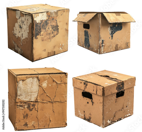 Old cracked and damaged cardboard boxes isolated on transparent background photo