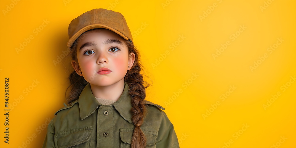 Serious little girl in newsboy cap and military-style jacket against bright yellow backdrop. Vintage style with childhood attitude Serious little girl in newsboy cap and military-style jacket against bright yellow backdrop. Vintage style with childhood attitude