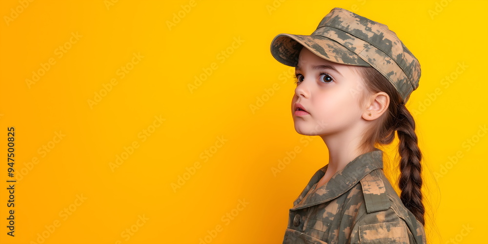 Young girl in digital camouflage uniform and cap against bright yellow background. Childhood curiosity and military themes Young girl in digital camouflage uniform and cap against bright yellow background. Childhood curiosity and military themes