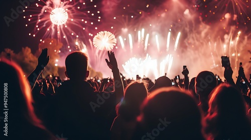 Crowd celebrating with fireworks