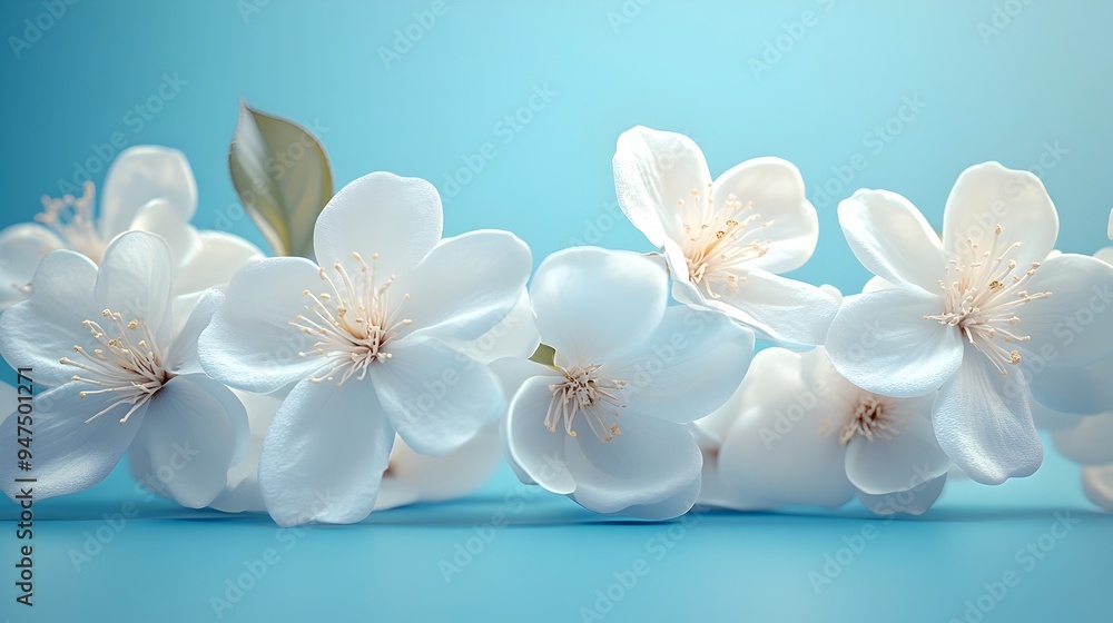 Elegant White Flowers Blooming on a Serene Blue Background Elegant White Flowers Blooming on a Serene Blue Background