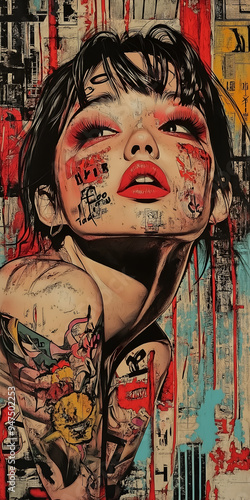 artistic print, street art in red, yellow and blue tones with a girl, in a combined technique of collage, oil painting, brushstrokes, texture of old paper, anime and graffiti